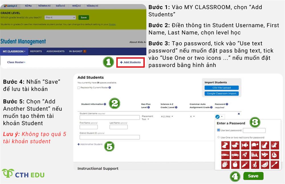  hướng dẫn sử dụng tài khoản teacher KidsA-Z: cách tạo tài khoản Raz Kids cho student, xóa tài khoản student, đổi mật khẩu...